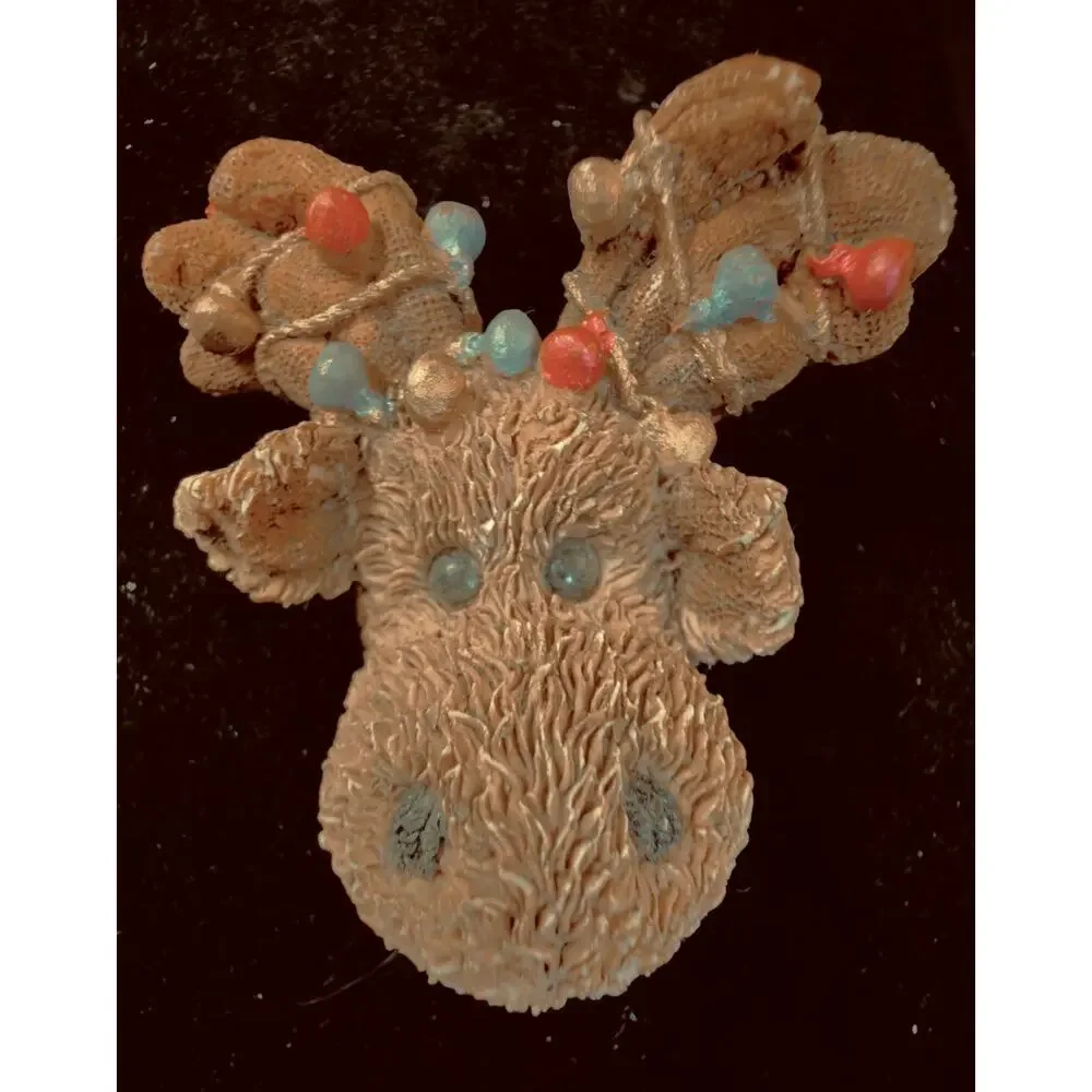 Vintage Christmas Reindeer Brooch Hand Painted Resin Figural Holiday Deer Pin